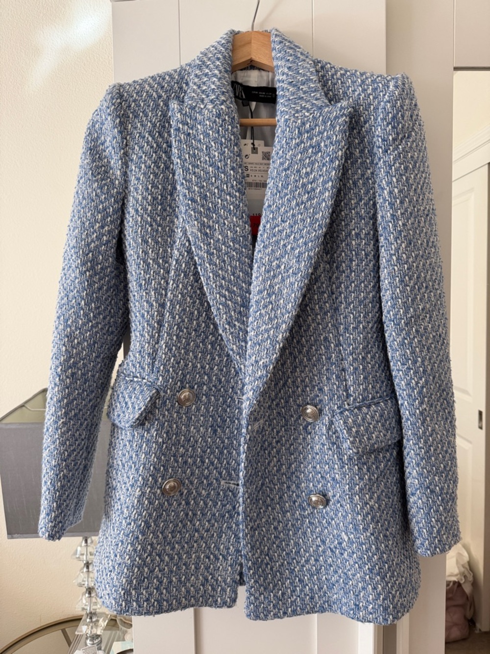 Zara Light Blue Tweed Double-Breasted Blazer XS NWT